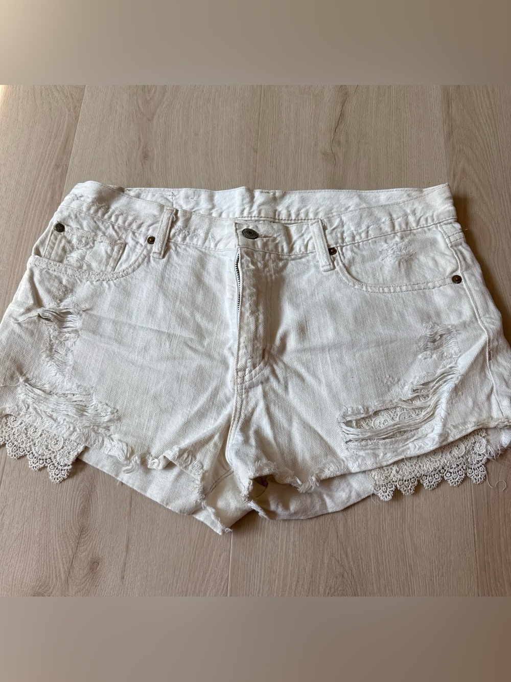 Women's White Distressed Lace Trim Denim Shorts